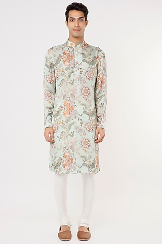 Sky Blue Modal Silk Satin Floral Digital Printed Kurta Set by ARJAN DUGAL