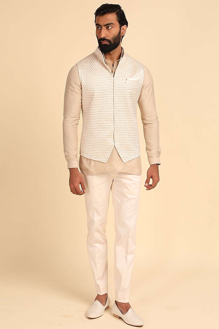 Cream Hand Embroidered Bundi Jacket by ARJAN DUGAL at Pernia's Pop Up Shop