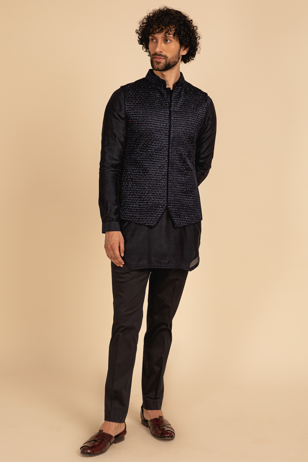 Dark Blue Silk Hand Embroidered Bundi Jacket by ARJAN DUGAL at Pernia's Pop Up Shop