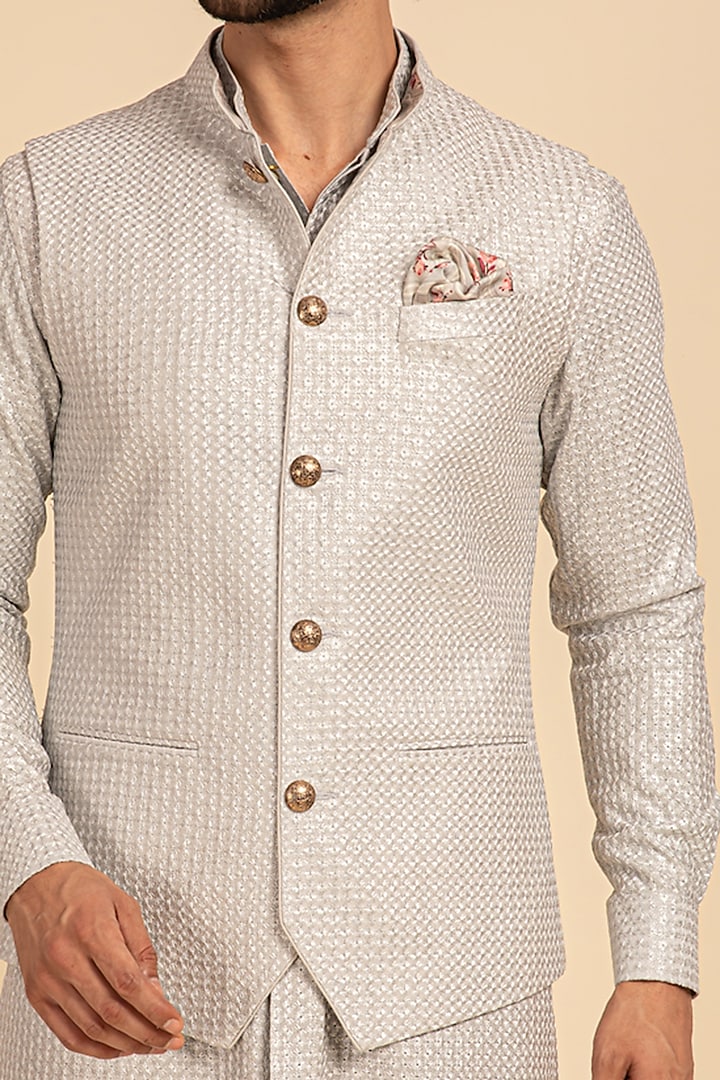 Grey Chanderi Silk Printed Bundi Jacket by ARJAN DUGAL at Pernia's Pop Up Shop