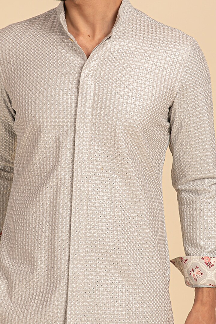 Grey Chanderi Silk Embroidered Front Open Kurta Set by ARJAN DUGAL at Pernia's Pop Up Shop