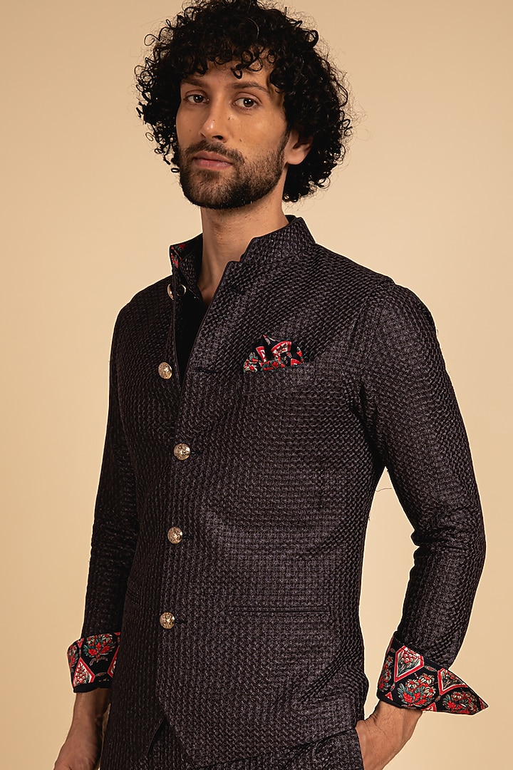 Blue Chanderi Silk Embroidered Bundi Jacket by ARJAN DUGAL at Pernia's Pop Up Shop