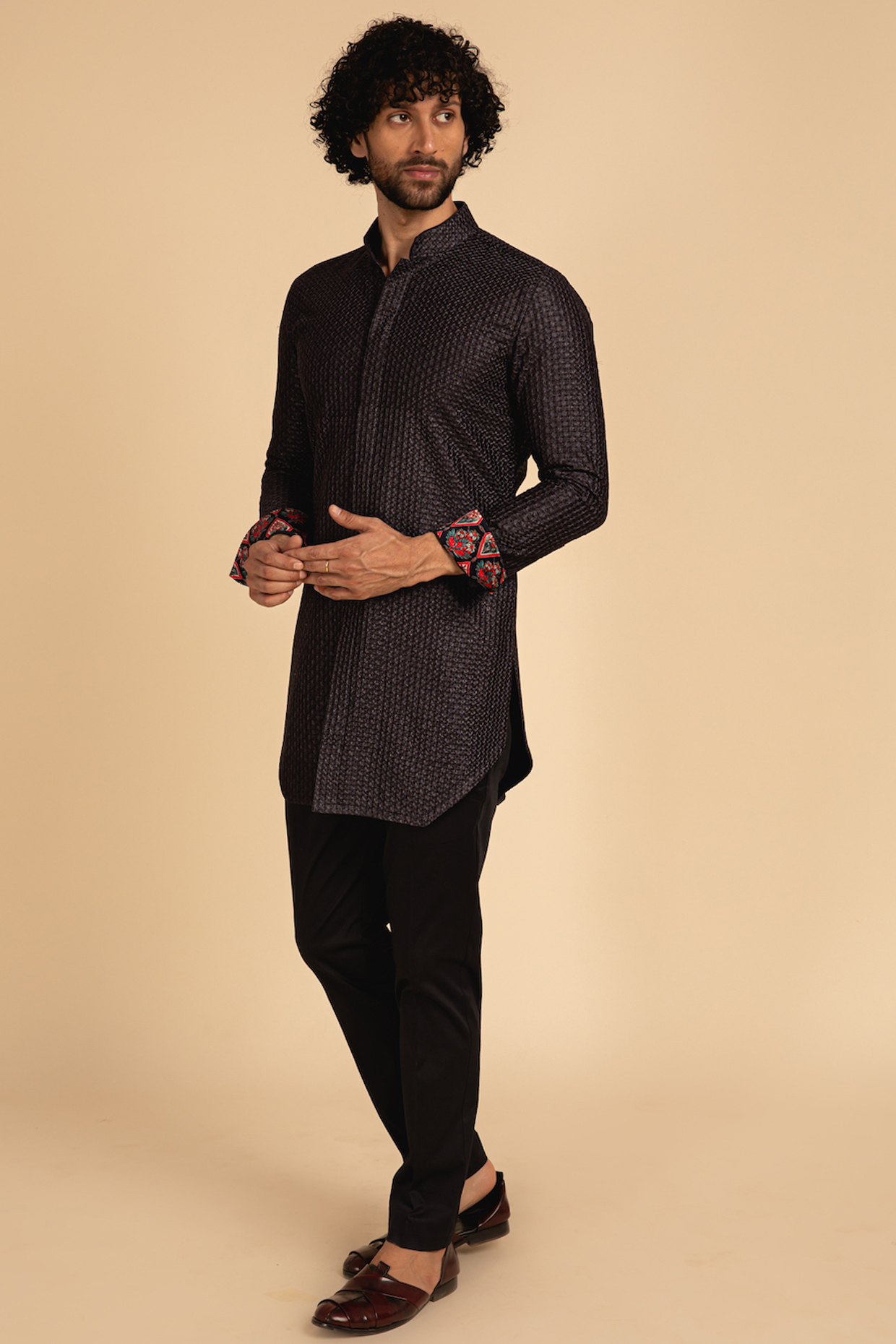 Blue Chanderi Silk Printed Open Kurta Set by ARJAN DUGAL at Pernia's Pop Up Shop