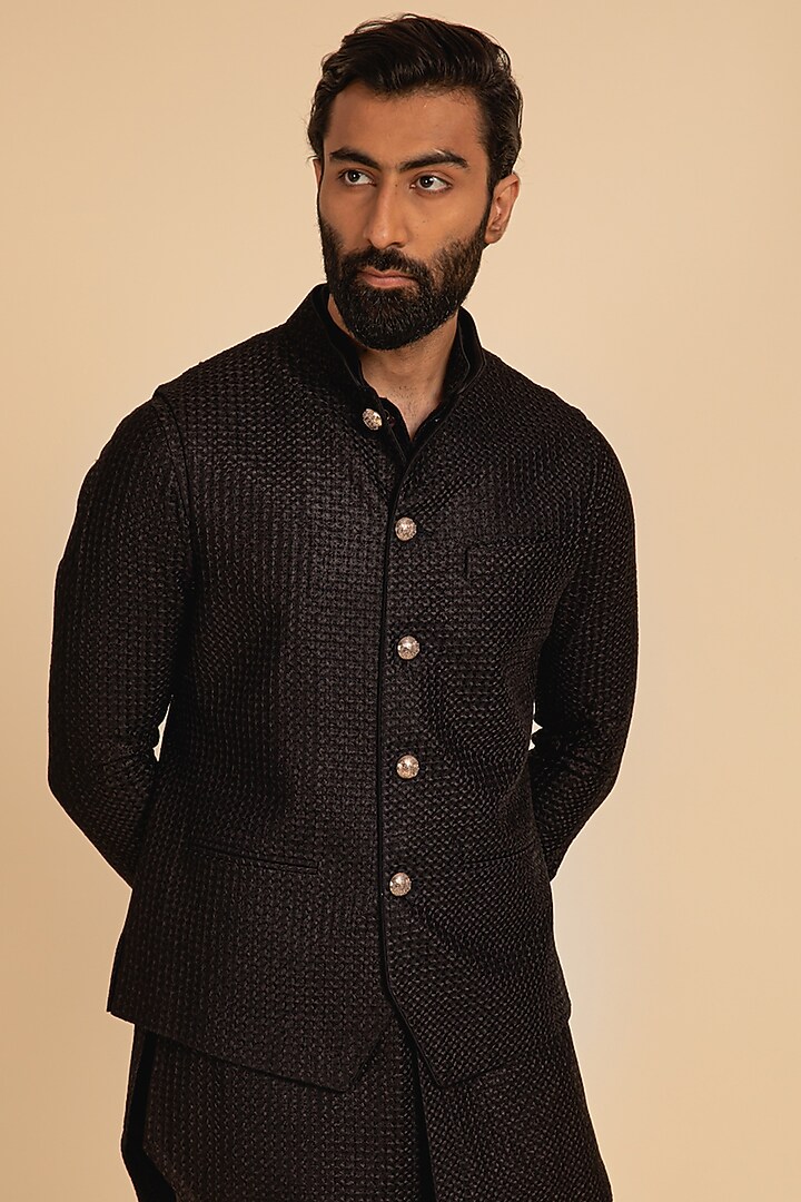Black Chanderi Silk Printed Bundi Jacket by ARJAN DUGAL at Pernia's Pop Up Shop