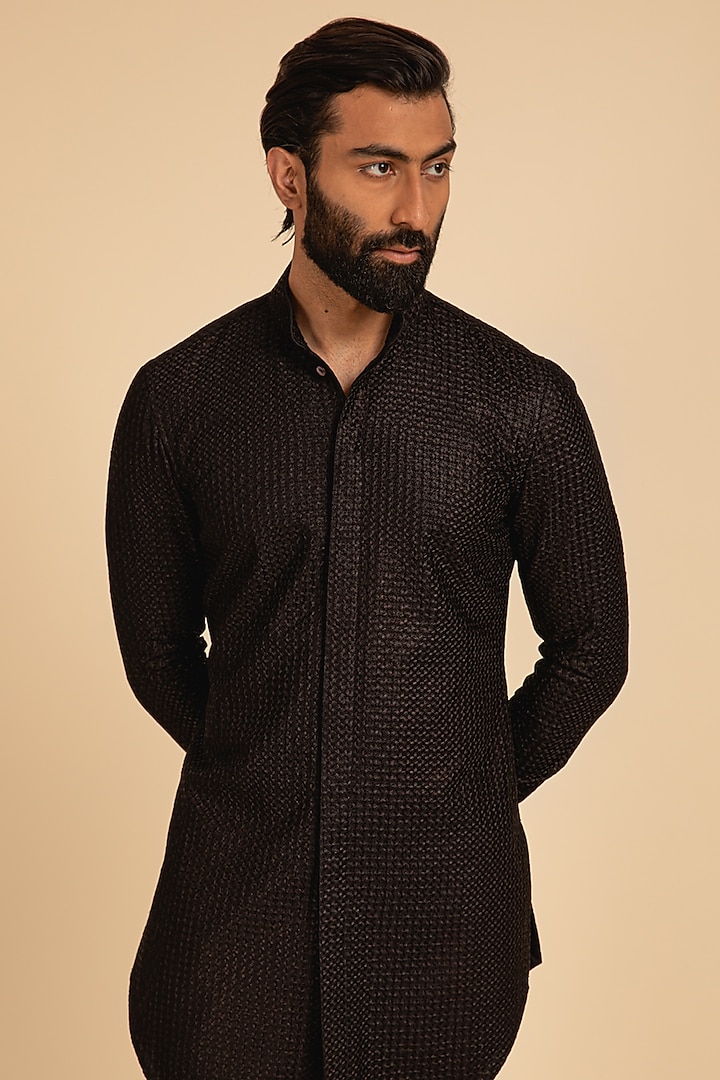 Black Chanderi Silk Printed Kurta Set by ARJAN DUGAL at Pernia's Pop Up Shop