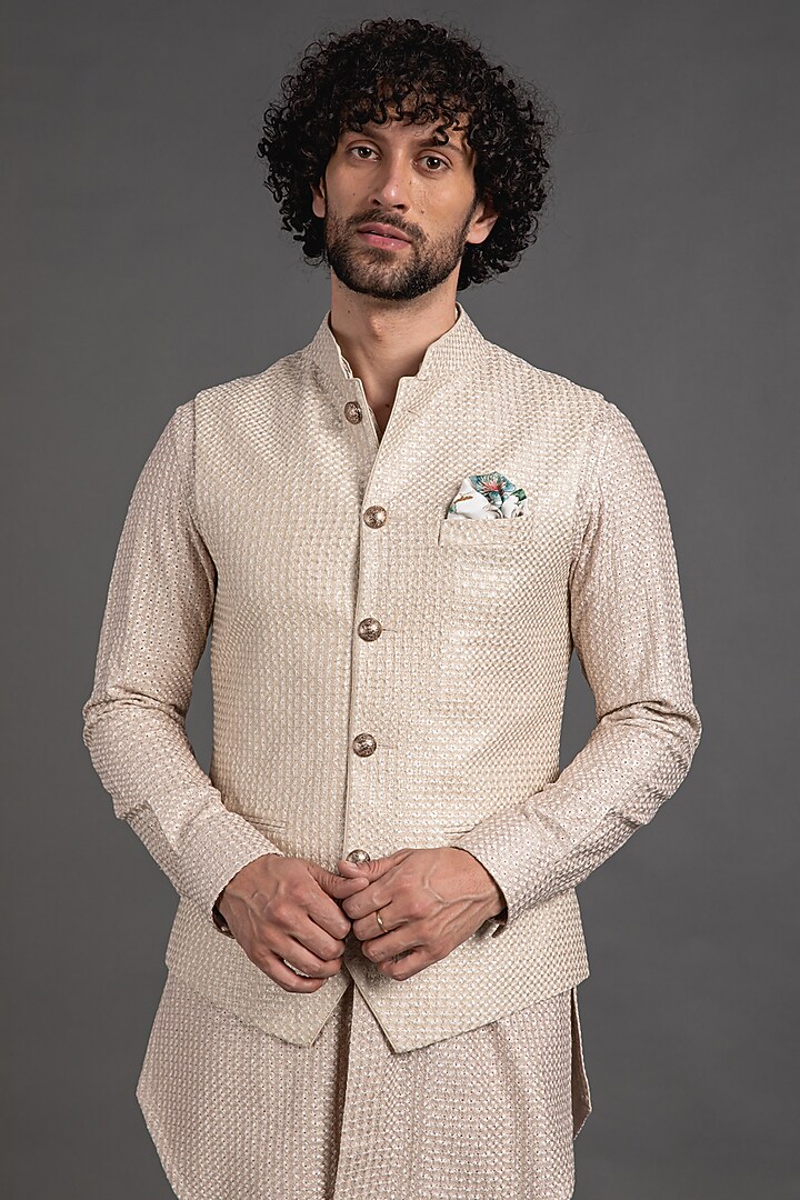 Champagne Chanderi Silk Printed Bundi Jacket by ARJAN DUGAL at Pernia's Pop Up Shop