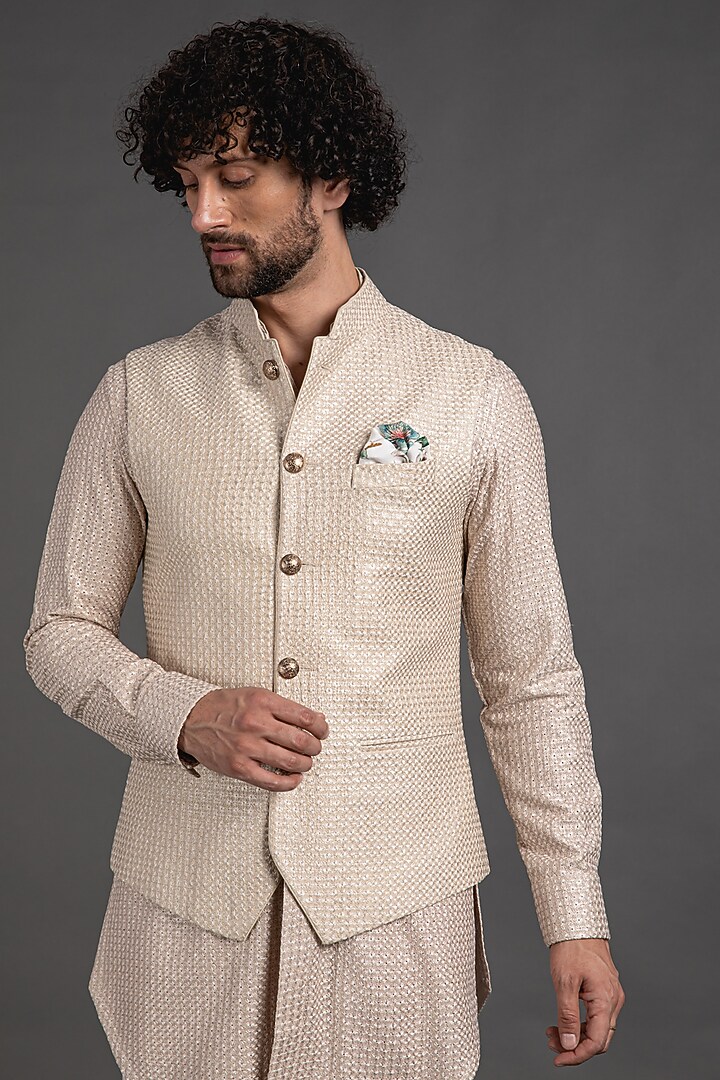 Champagne Chanderi Silk Printed Bundi Jacket by ARJAN DUGAL at Pernia's Pop Up Shop