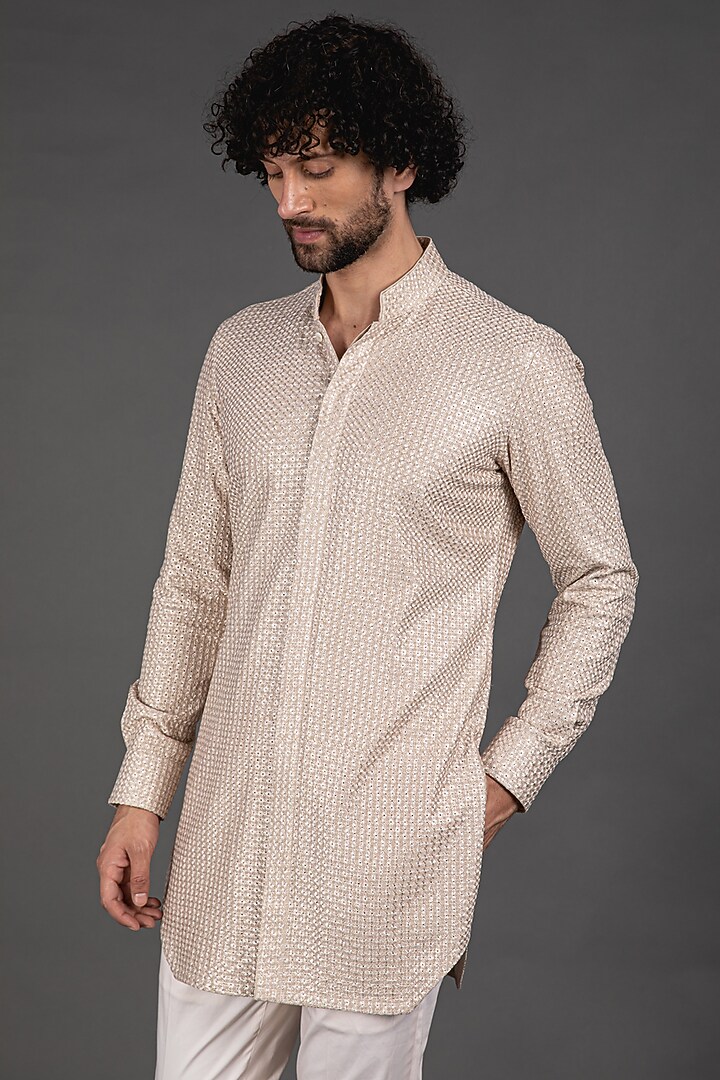 Champagne Chanderi Silk Printed Kurta Set by ARJAN DUGAL at Pernia's Pop Up Shop