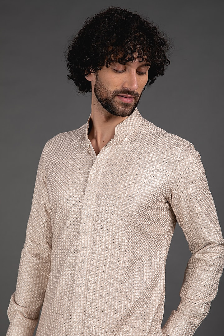 Champagne Chanderi Silk Printed Kurta Set by ARJAN DUGAL at Pernia's Pop Up Shop