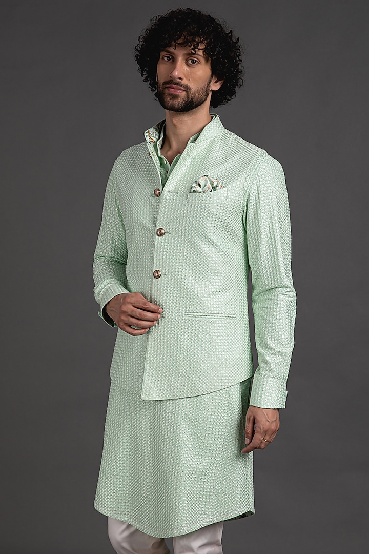 Sea Green Chanderi Silk Nehru Jacket Set by ARJAN DUGAL at Pernia's Pop Up Shop
