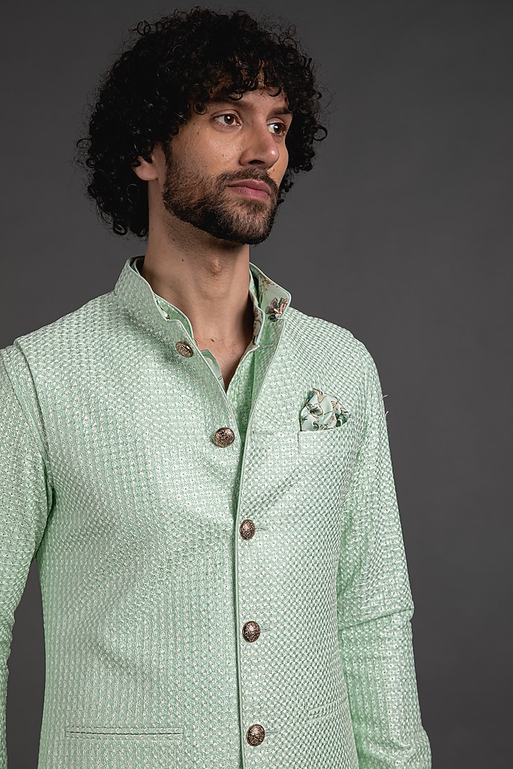 Sea Green Chanderi Silk Nehru Jacket Set by ARJAN DUGAL at Pernia's Pop Up Shop