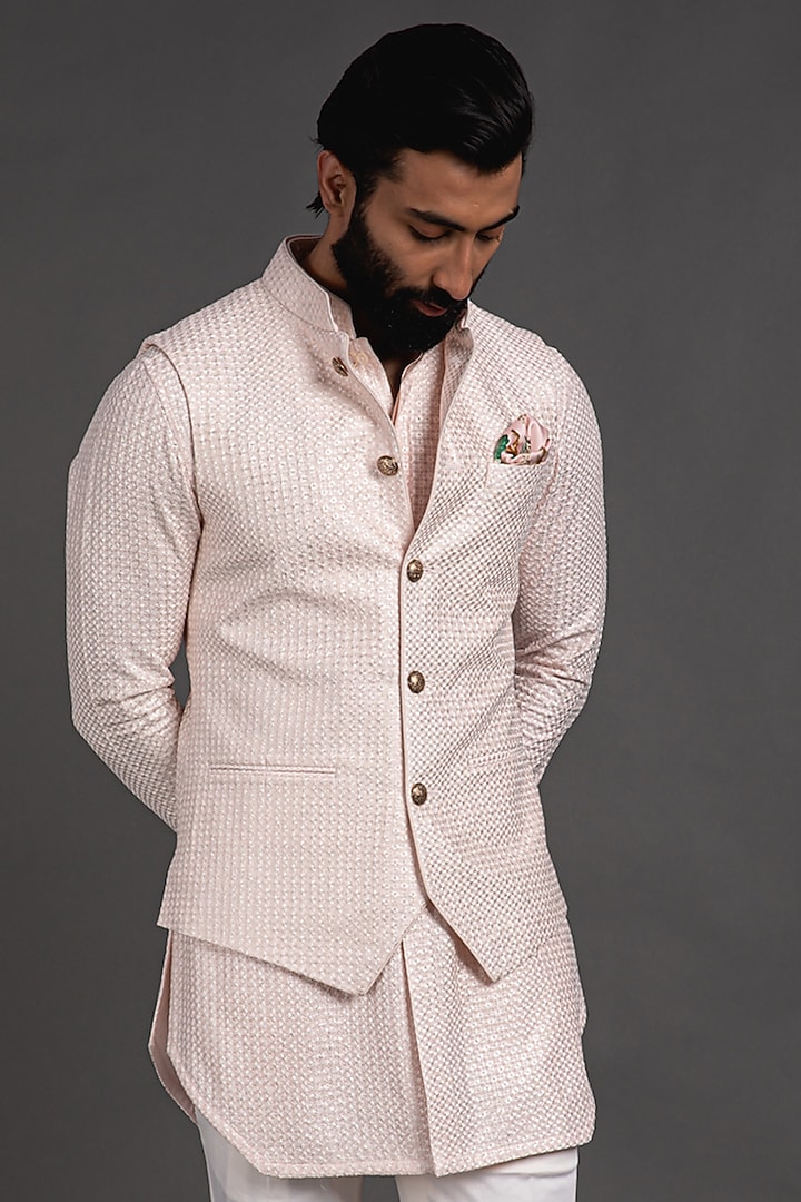 Pink Chanderi Silk Printed Bundi Jacket by ARJAN DUGAL at Pernia's Pop Up Shop