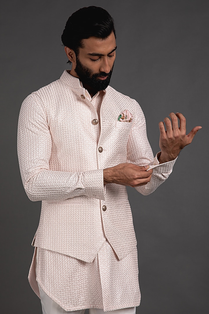 Pink Chanderi Silk Printed Bundi Jacket by ARJAN DUGAL at Pernia's Pop Up Shop