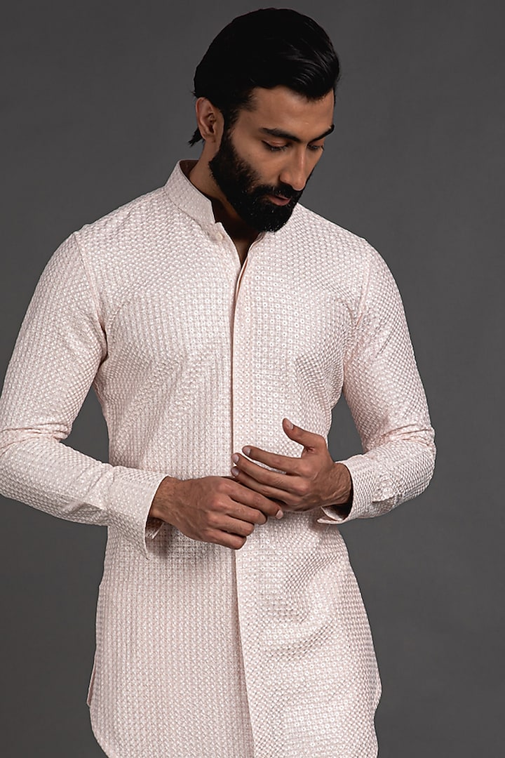 Pink Chanderi Silk Embroidered Kurta Set by ARJAN DUGAL at Pernia's Pop Up Shop