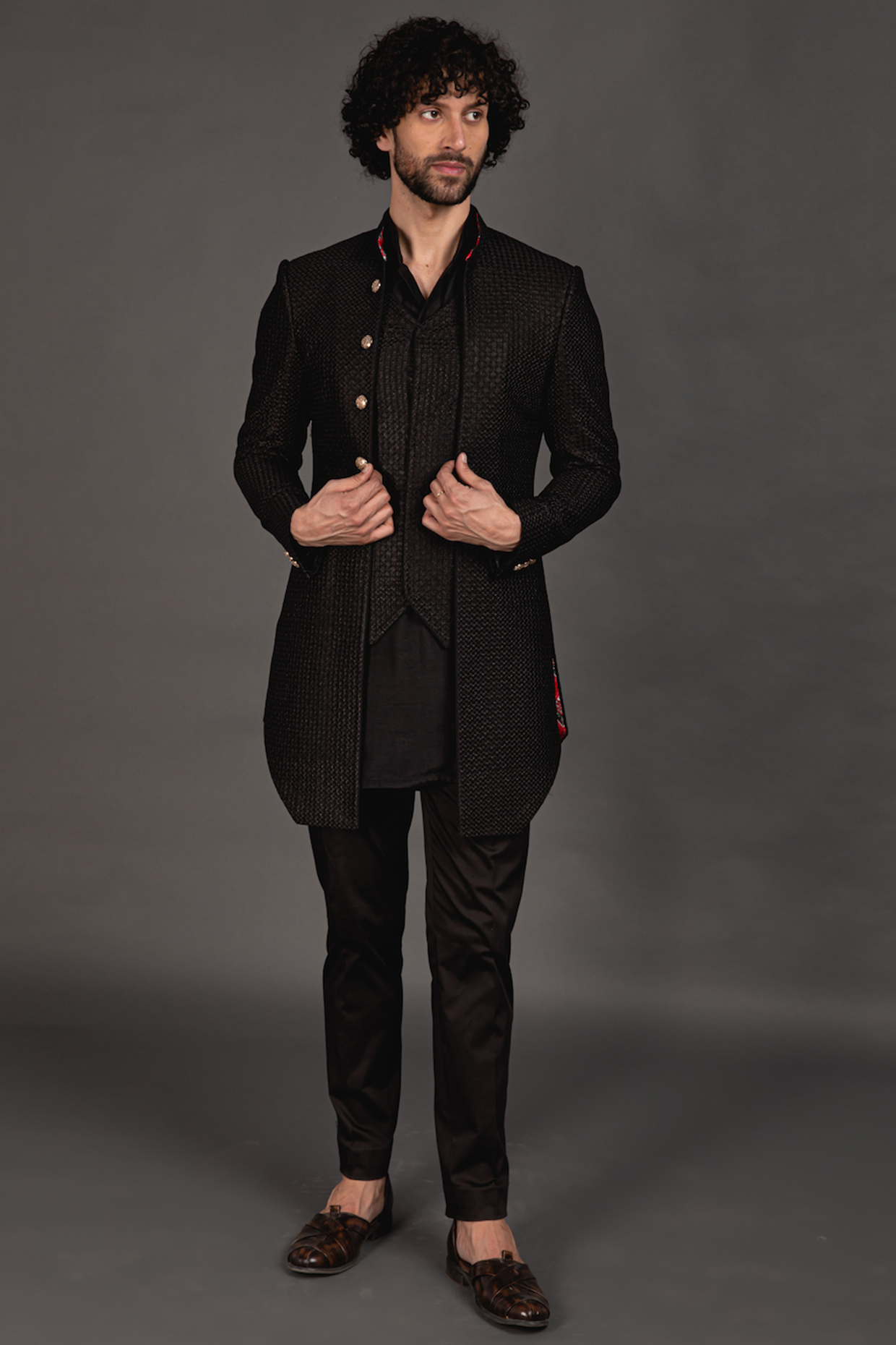 Black Chanderi Silk Achkan Jacket Set by ARJAN DUGAL at Pernia's Pop Up Shop