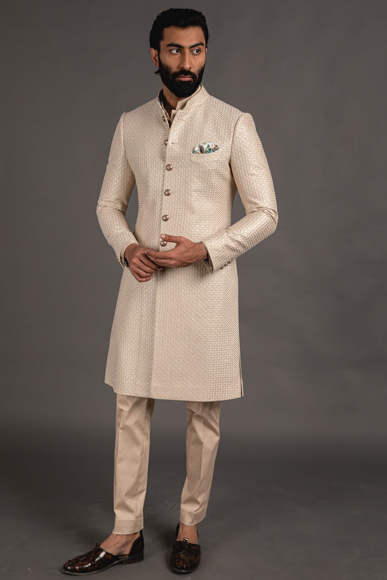 Cream Chanderi Silk Embroidered Groom Sherwani Set by ARJAN DUGAL at Pernia's Pop Up Shop