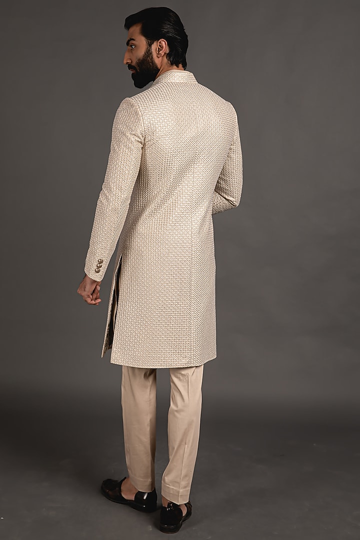 Cream Chanderi Silk Embroidered Groom Sherwani Set by ARJAN DUGAL at Pernia's Pop Up Shop
