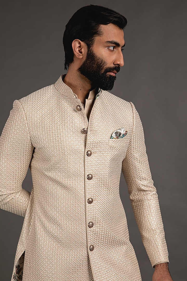 Cream Chanderi Silk Embroidered Groom Sherwani Set by ARJAN DUGAL at Pernia's Pop Up Shop
