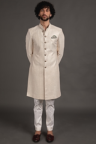 Off-White Chanderi Silk Embroidered Sherwani Set by ARJAN DUGAL