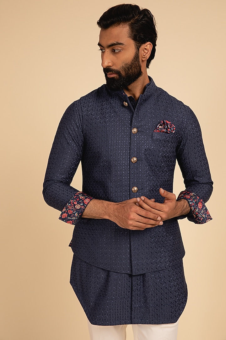 Navy Blue Chanderi Silk Motifs Embroidered Nehru Jacket by ARJAN DUGAL at Pernia's Pop Up Shop