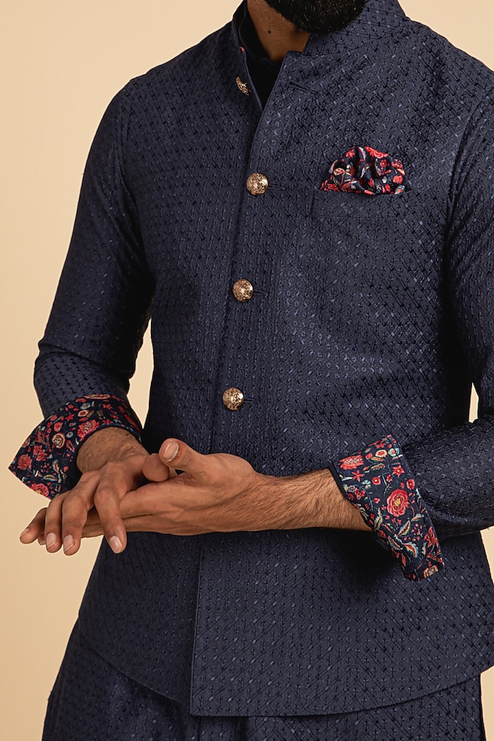 Navy Blue Chanderi Silk Motifs Embroidered Nehru Jacket by ARJAN DUGAL at Pernia's Pop Up Shop