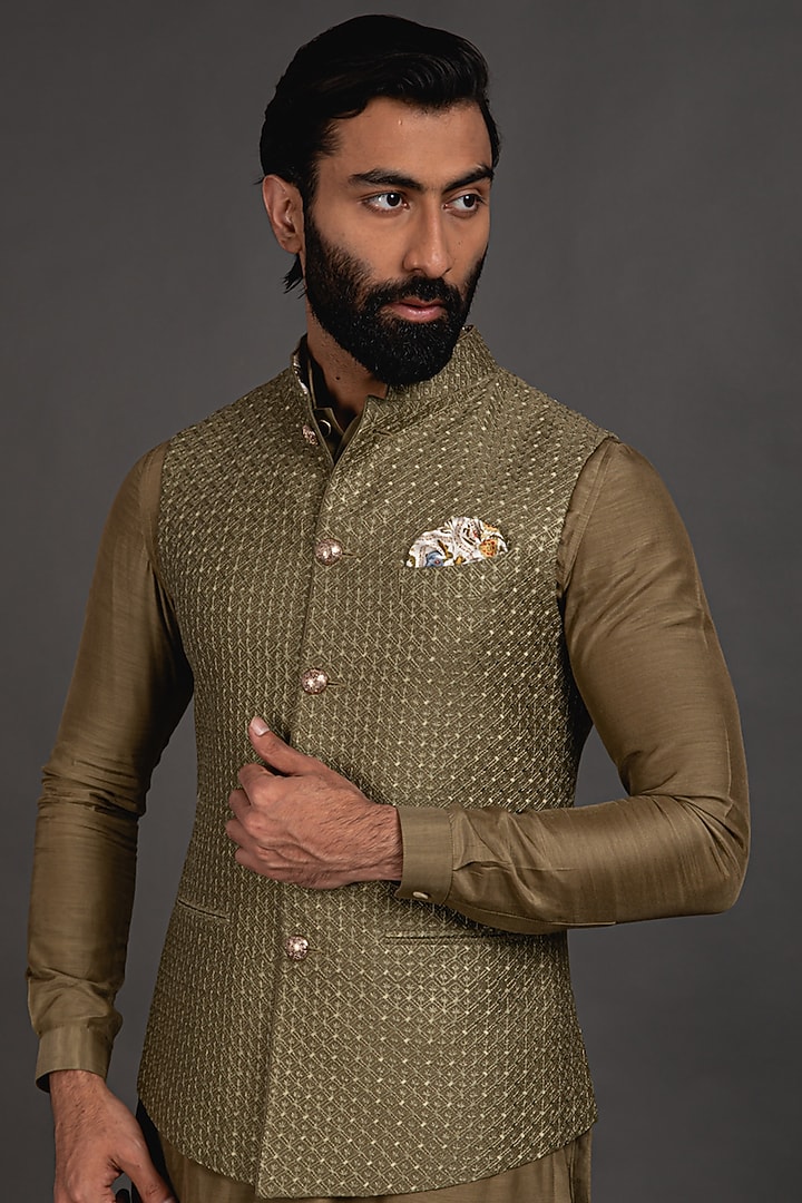 Olive Chanderi Silk Motifs Embroidered Bundi Jacket by ARJAN DUGAL at Pernia's Pop Up Shop