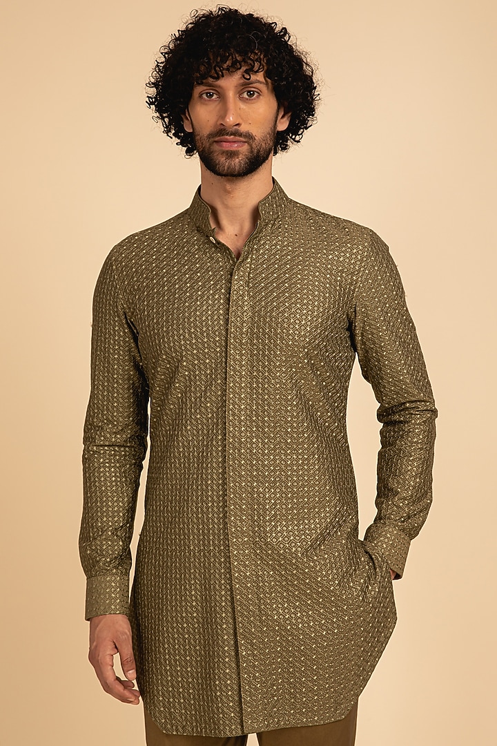 Olive Green Chanderi Silk Motif Printed Kurta Set by ARJAN DUGAL at Pernia's Pop Up Shop