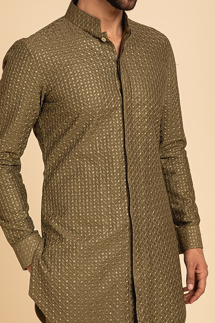 Olive Green Chanderi Silk Motif Printed Kurta Set by ARJAN DUGAL at Pernia's Pop Up Shop