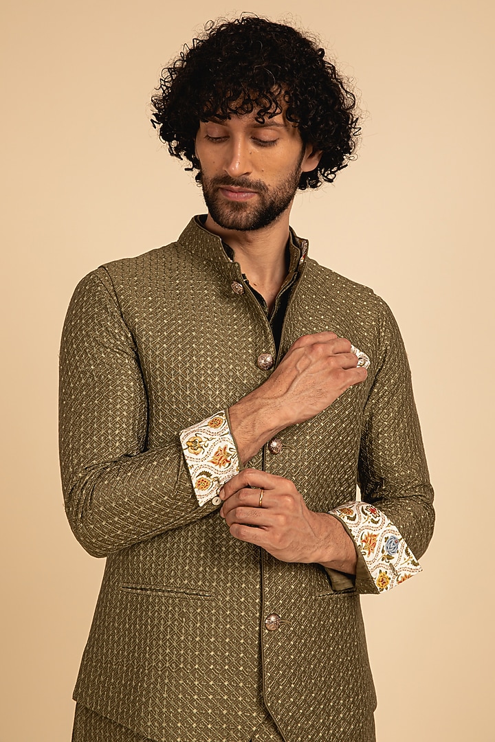 Olive Green Chanderi Silk Motif Printed Bundi Jacket by ARJAN DUGAL at Pernia's Pop Up Shop