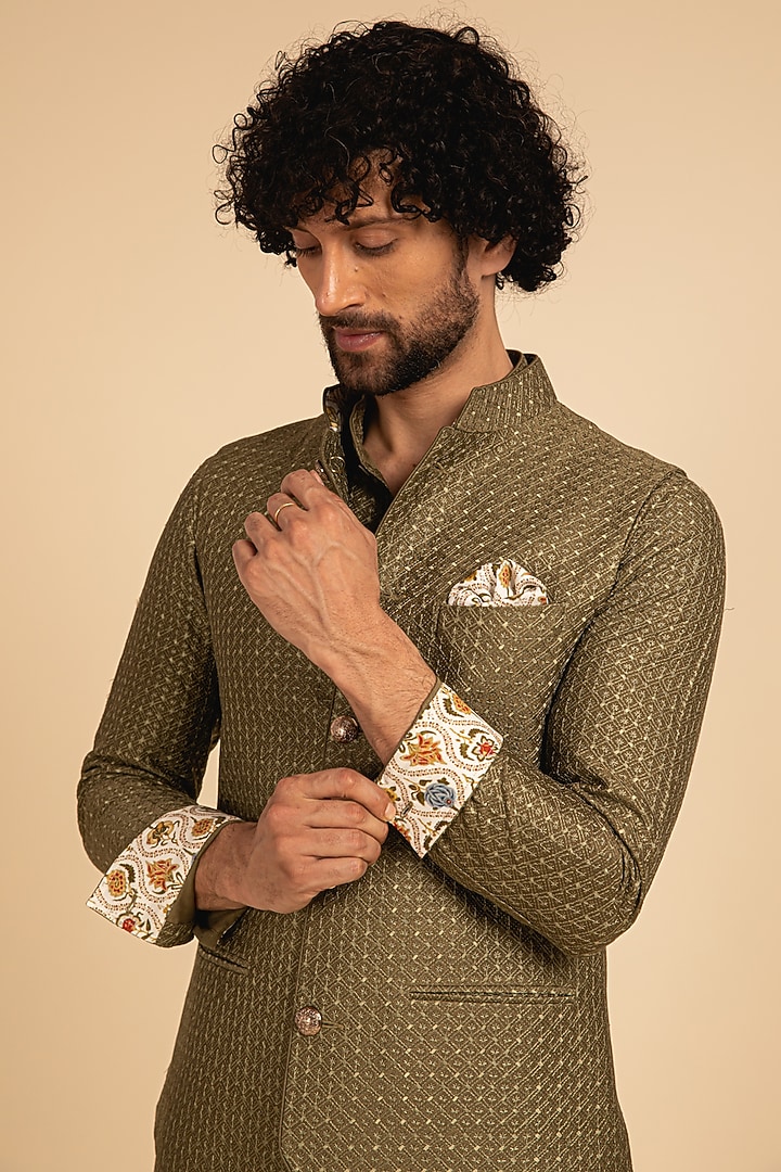 Olive Green Chanderi Silk Motif Printed Bundi Jacket by ARJAN DUGAL at Pernia's Pop Up Shop