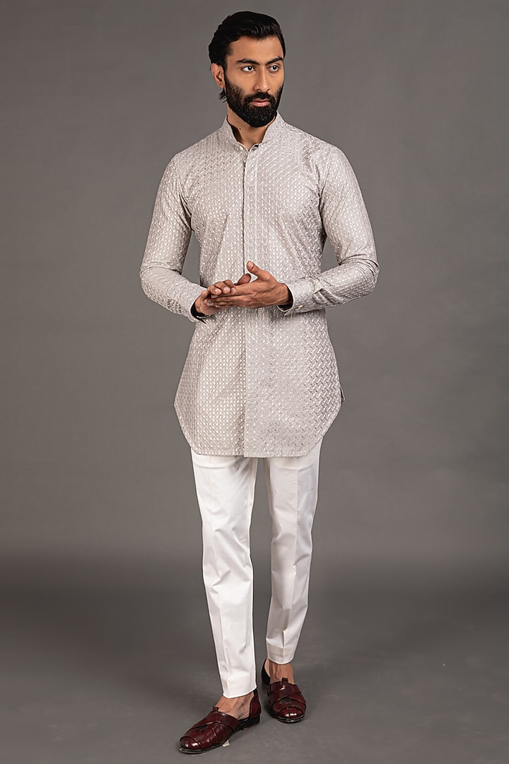 Grey Chanderi Silk Printed Kurta Set by ARJAN DUGAL at Pernia's Pop Up Shop