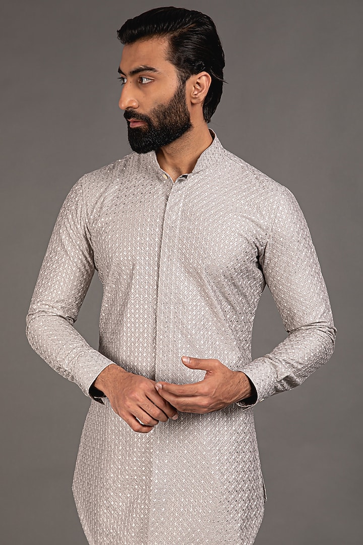 Grey Chanderi Silk Printed Kurta Set by ARJAN DUGAL at Pernia's Pop Up Shop