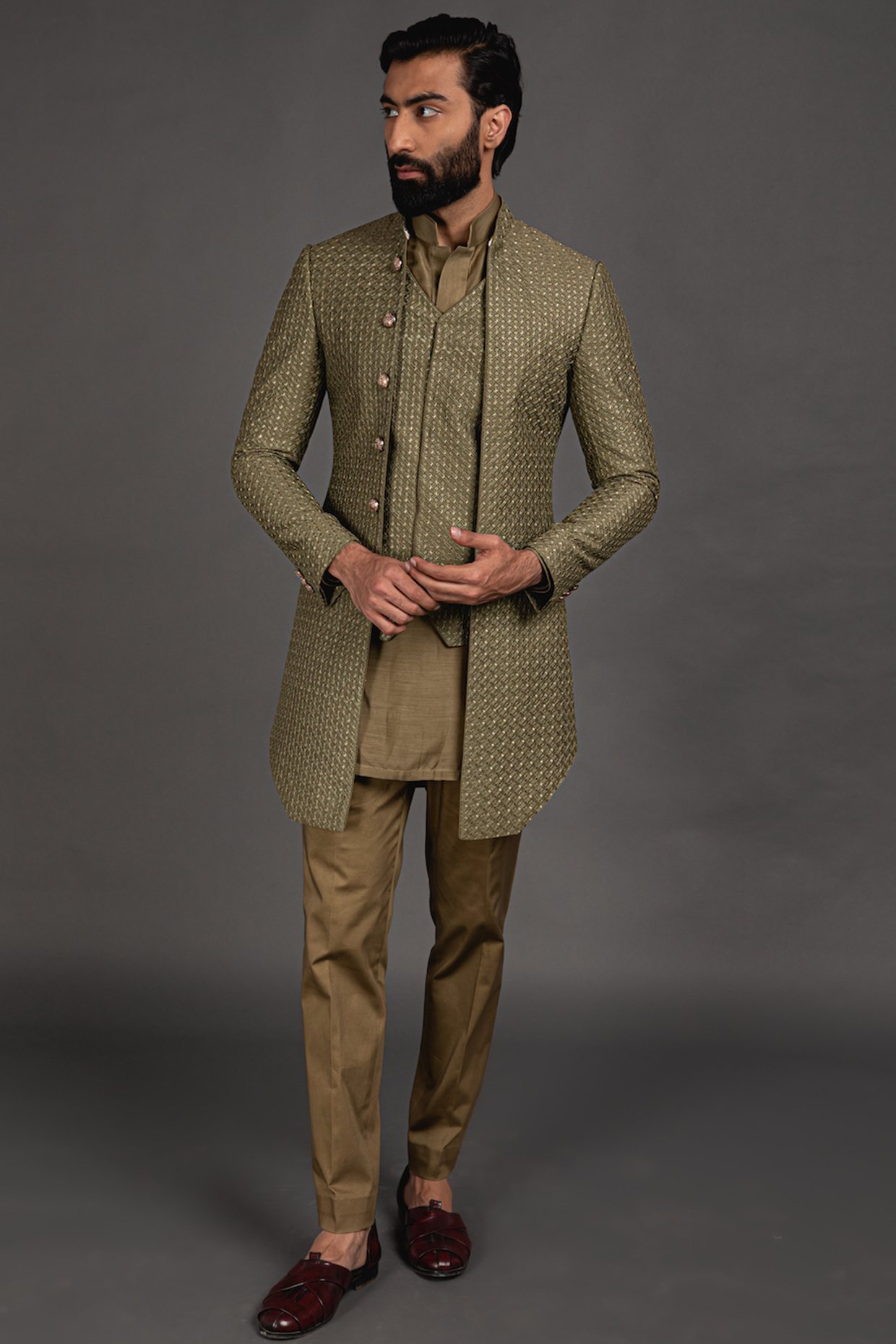 Olive Embroidered Achkan Jacket Set by ARJAN DUGAL at Pernia's Pop Up Shop
