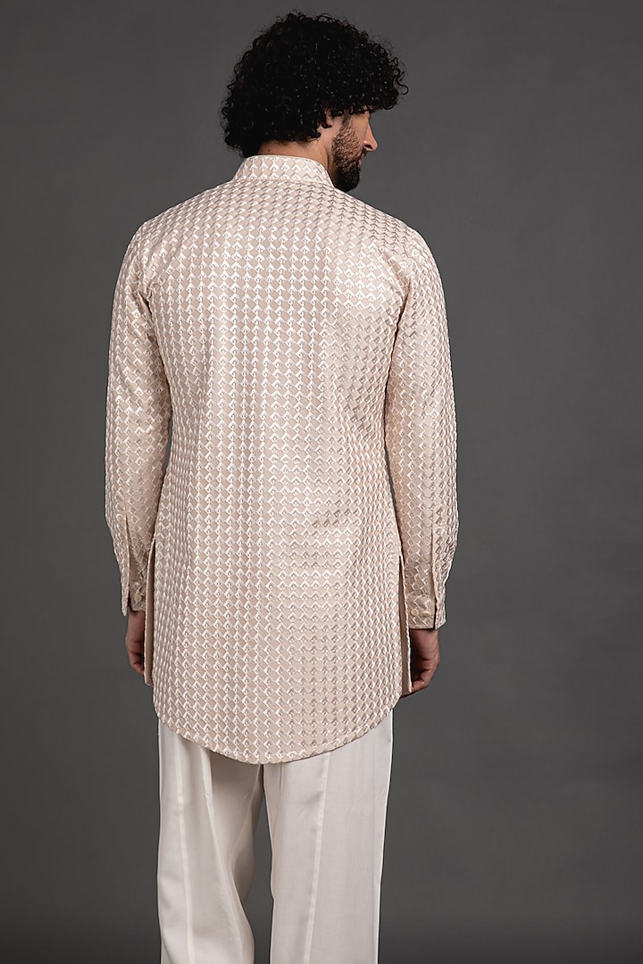 Champagne Chanderi Silk Thread Embroidered Bundi Kurta Set by ARJAN DUGAL at Pernia's Pop Up Shop