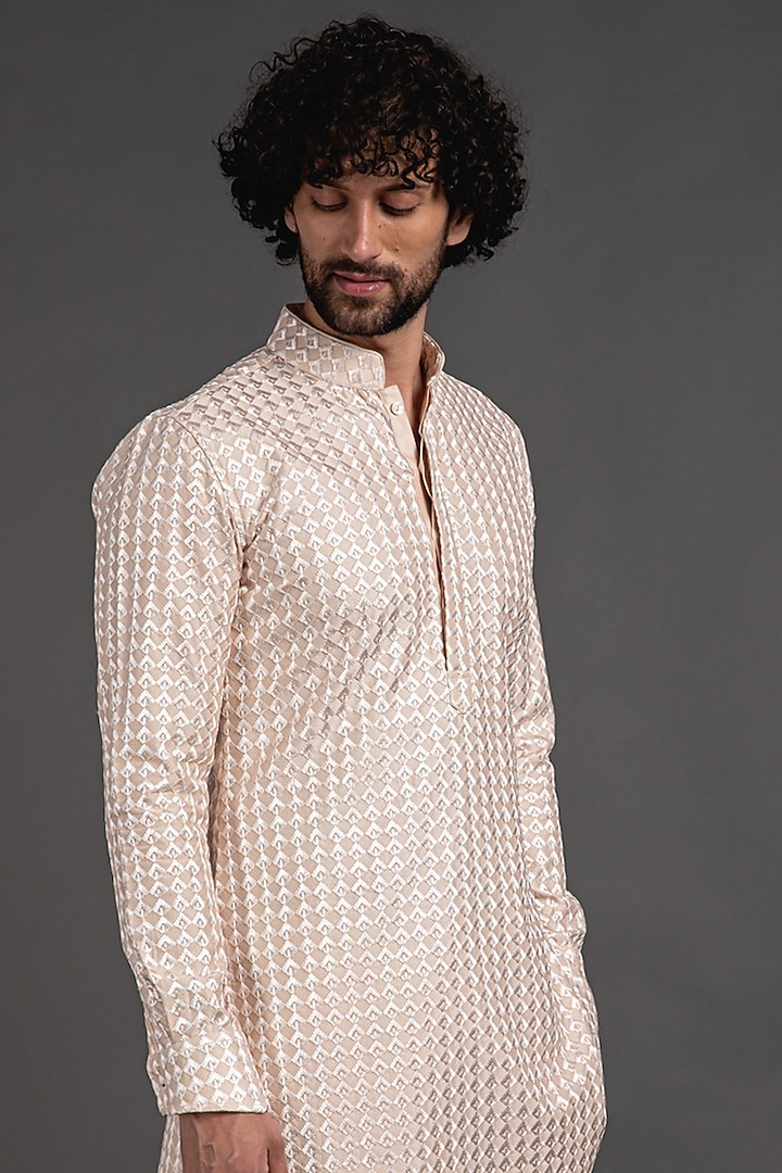 Champagne Chanderi Silk Thread Embroidered Bundi Kurta Set by ARJAN DUGAL at Pernia's Pop Up Shop