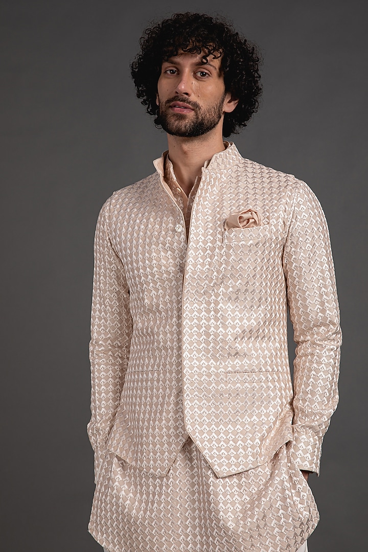 Champagne Chanderi Silk Thread Embroidered Bundi Jacket by ARJAN DUGAL at Pernia's Pop Up Shop