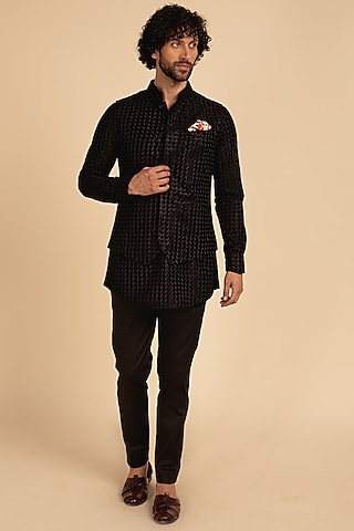 Black Chanderi Silk Thread Embroiodered Bundi Jacket by ARJAN DUGAL