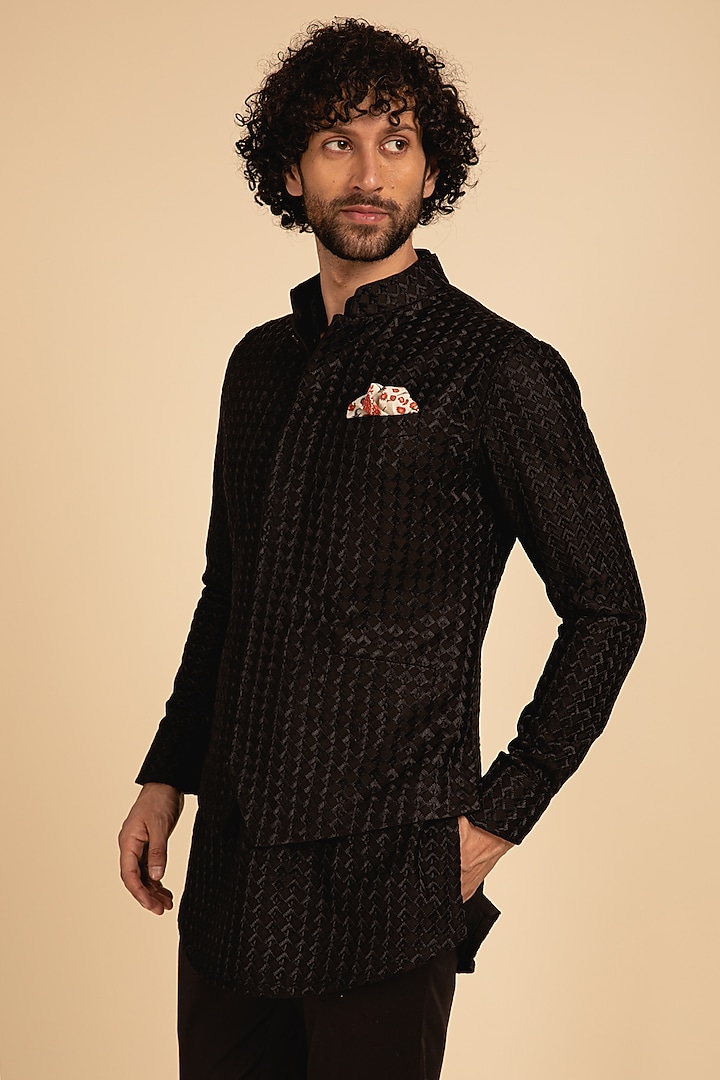 Black Chanderi Silk Thread Embroiodered Bundi Jacket by ARJAN DUGAL at Pernia's Pop Up Shop