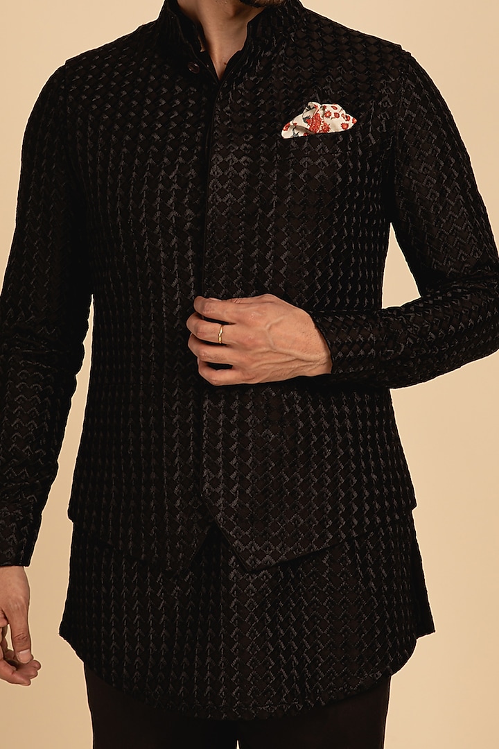 Black Chanderi Silk Thread Embroiodered Bundi Jacket by ARJAN DUGAL at Pernia's Pop Up Shop