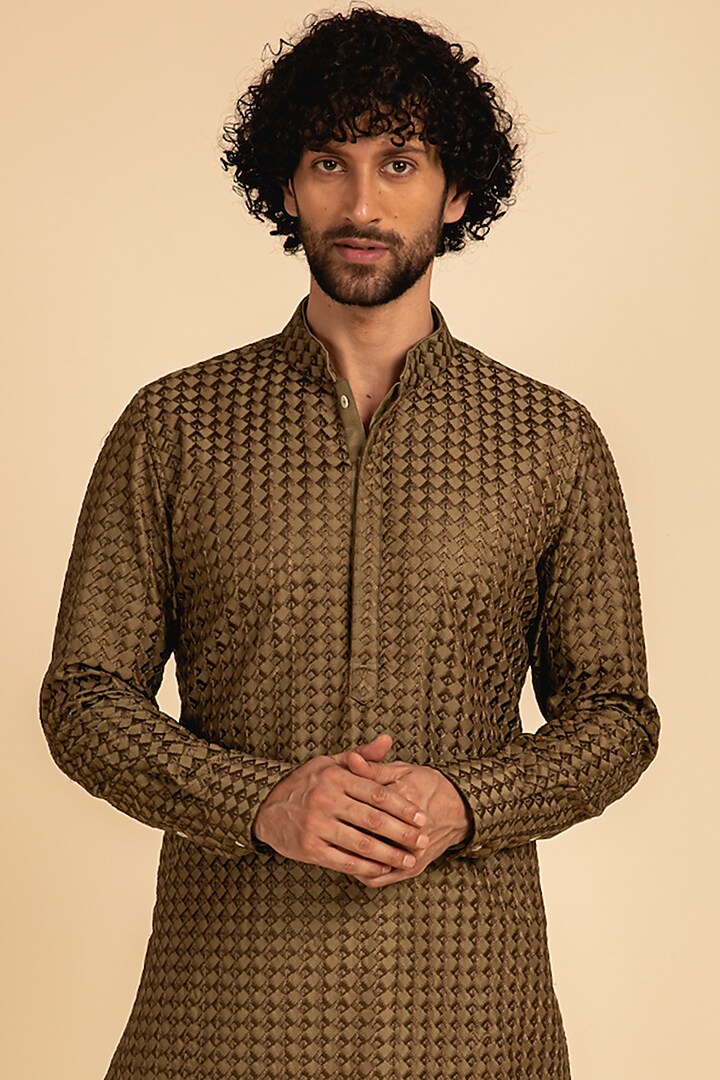 Olive Green Chanderi Silk Thread Embroidered Kurta Set by ARJAN DUGAL at Pernia's Pop Up Shop