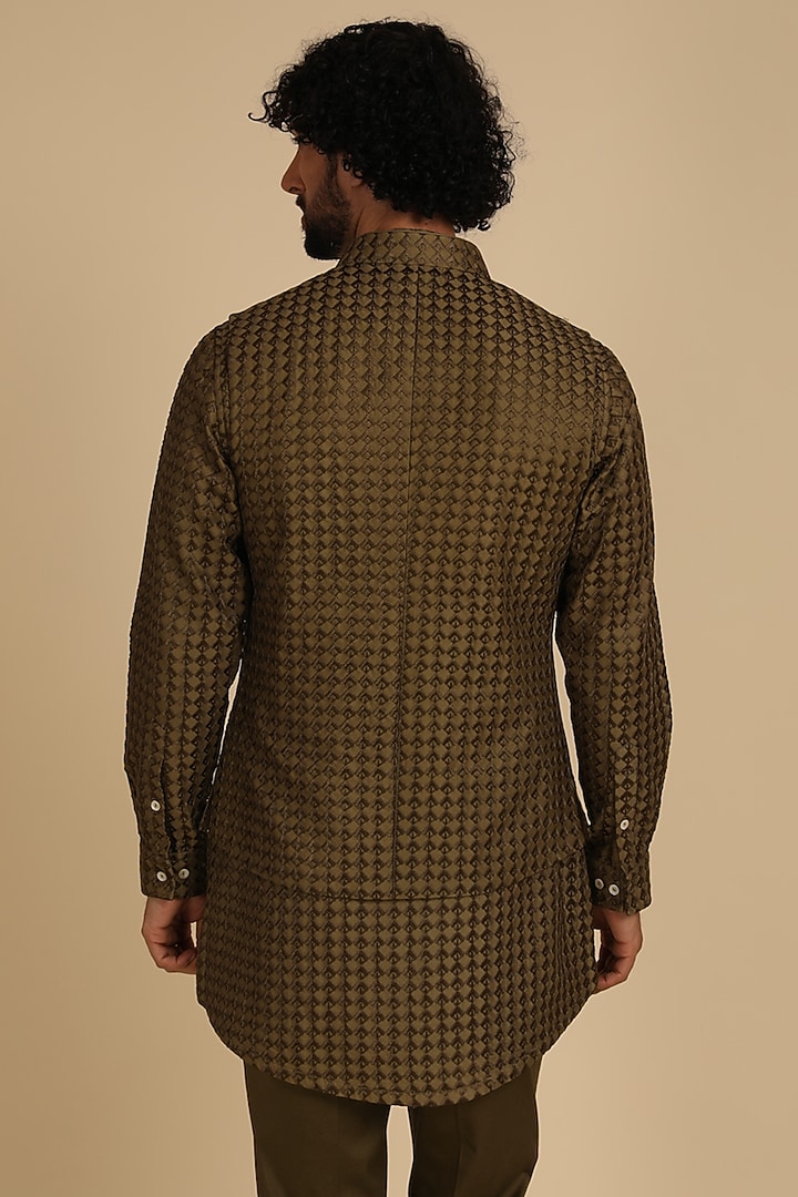 Olive Chanderi Silk Thread Embroidered Bundi Jacket by ARJAN DUGAL at Pernia's Pop Up Shop
