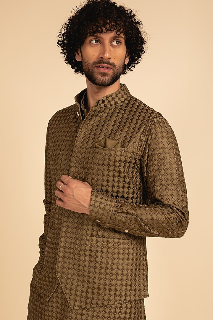 Olive Chanderi Silk Thread Embroidered Bundi Jacket by ARJAN DUGAL at Pernia's Pop Up Shop