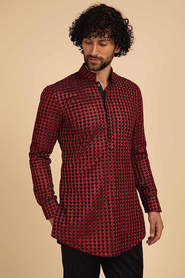 Blue & Red Chanderi Silk Thread Embroidered Kurta Set by ARJAN DUGAL at Pernia's Pop Up Shop