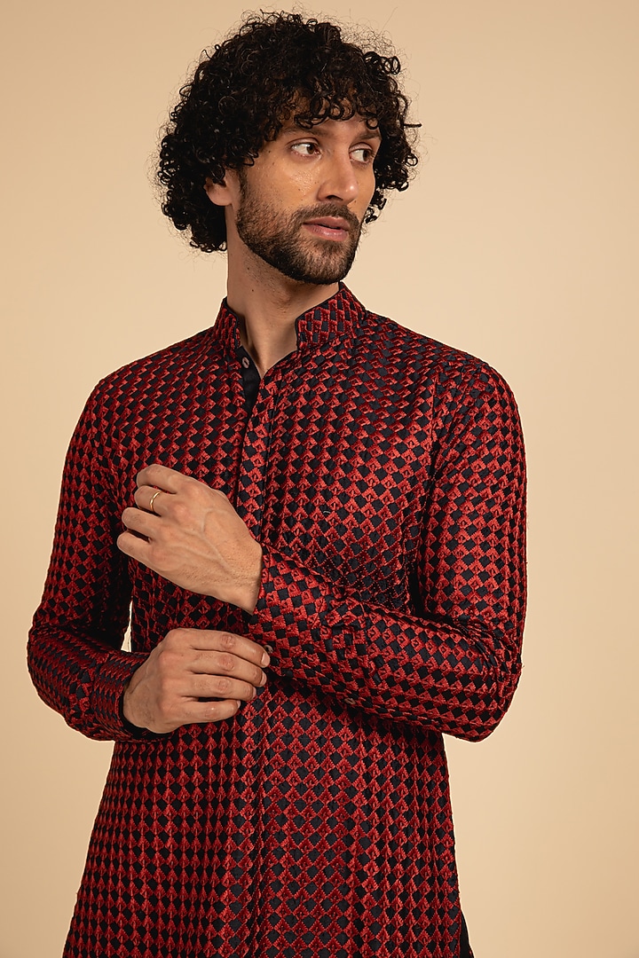 Blue & Red Chanderi Silk Thread Embroidered Kurta Set by ARJAN DUGAL at Pernia's Pop Up Shop