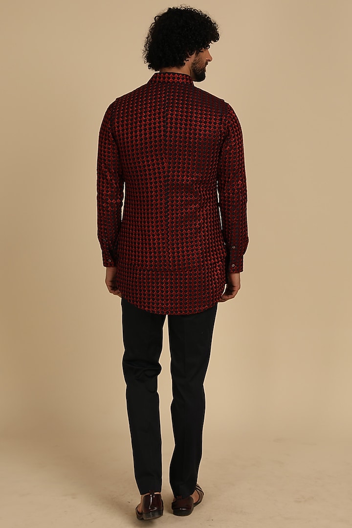 Blue & Red Chanderi Silk Thread Embroidered Bundi Jacket by ARJAN DUGAL at Pernia's Pop Up Shop
