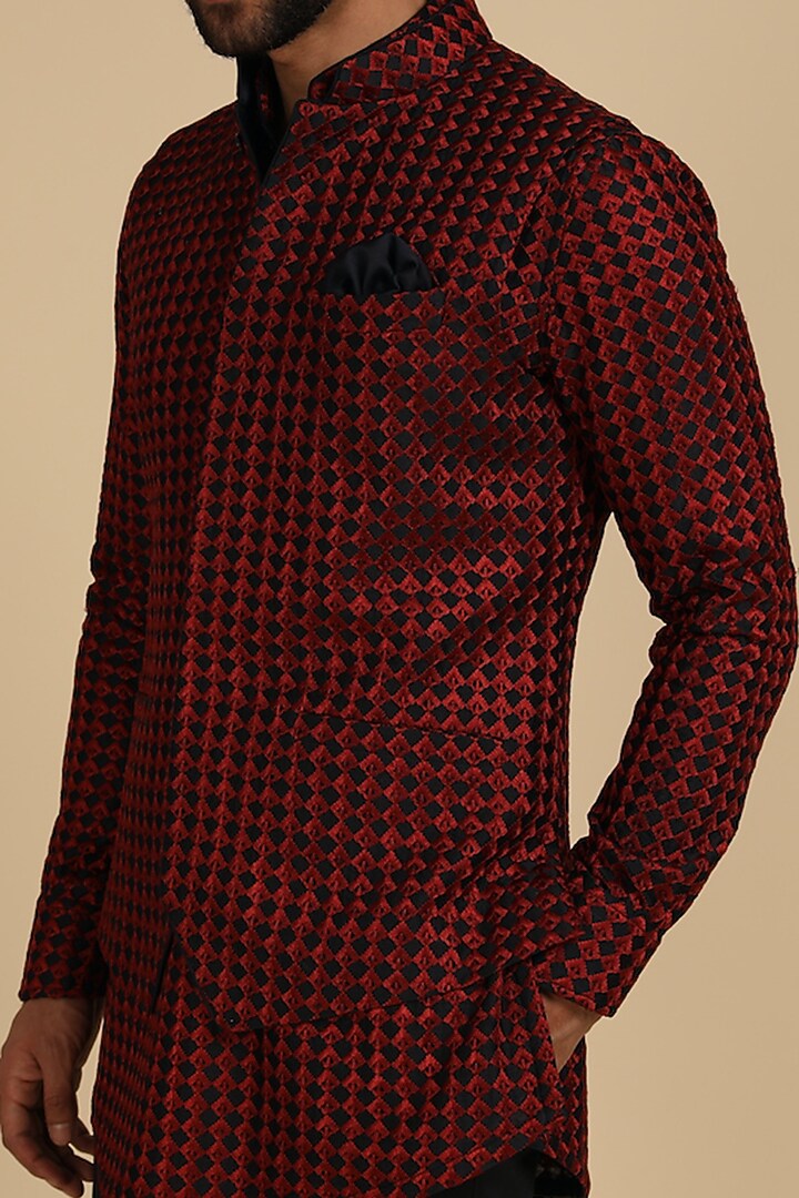 Blue & Red Chanderi Silk Thread Embroidered Bundi Jacket by ARJAN DUGAL at Pernia's Pop Up Shop