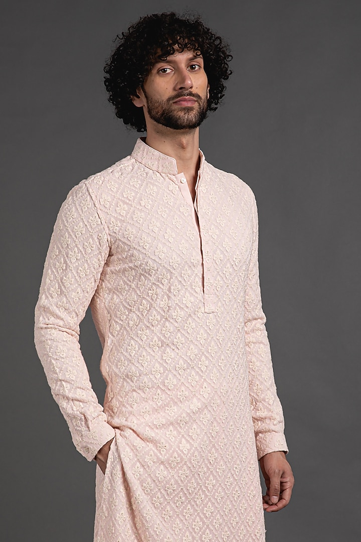 Pink Silk Georgette Embroidered Kurta Set by ARJAN DUGAL at Pernia's Pop Up Shop