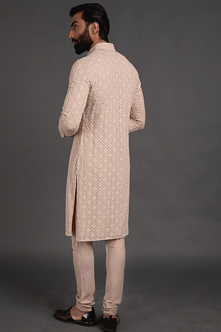 Beige Silk Georgette Chikankari Embroidered Kurta Set by ARJAN DUGAL at Pernia's Pop Up Shop