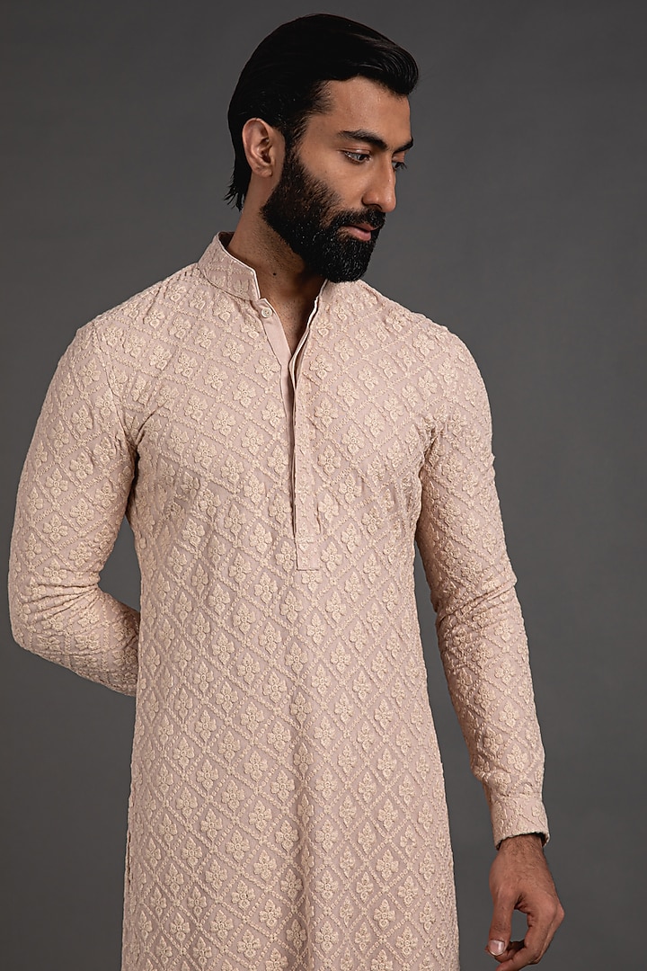 Beige Silk Georgette Chikankari Embroidered Kurta Set by ARJAN DUGAL at Pernia's Pop Up Shop