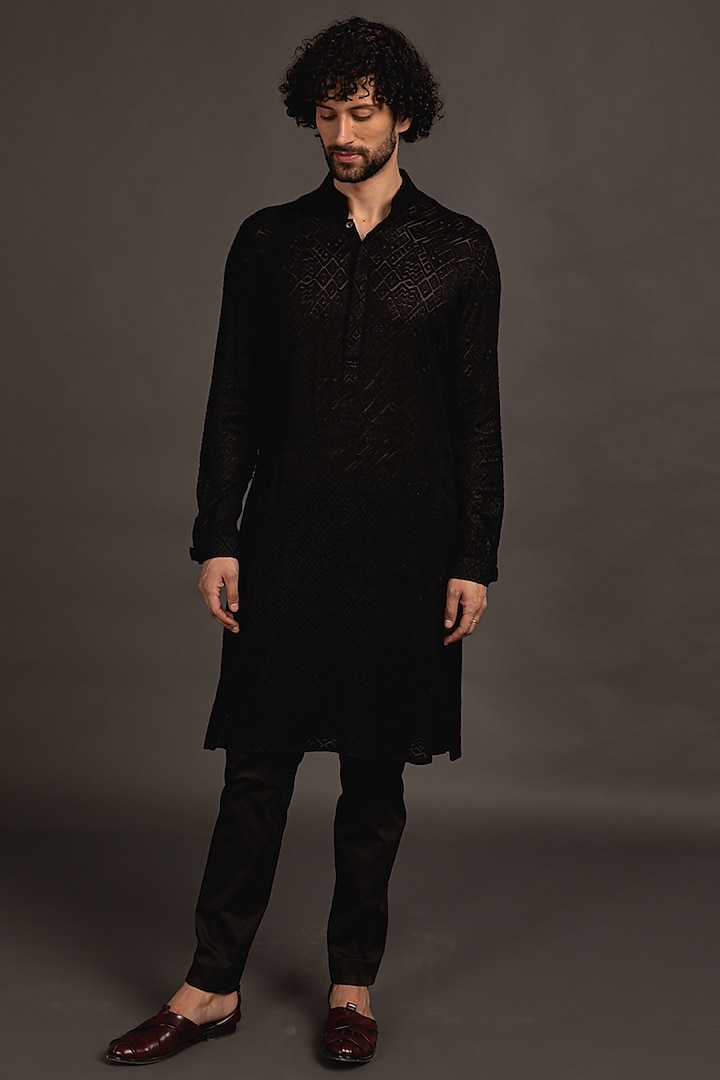 Black Embroidered Kurta Set  by ARJAN DUGAL at Pernia's Pop Up Shop